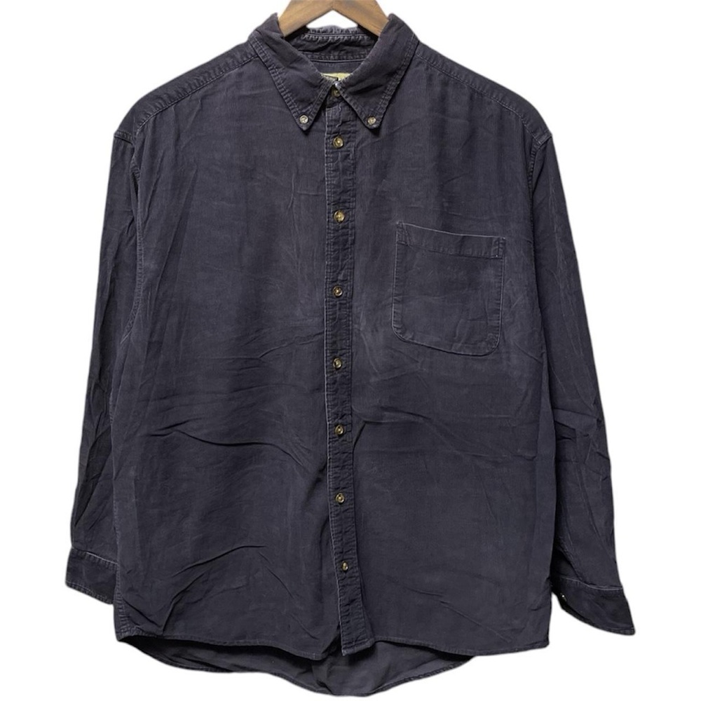 dark navy blue corduroy front pocket button up long sleeve collared casual shirt